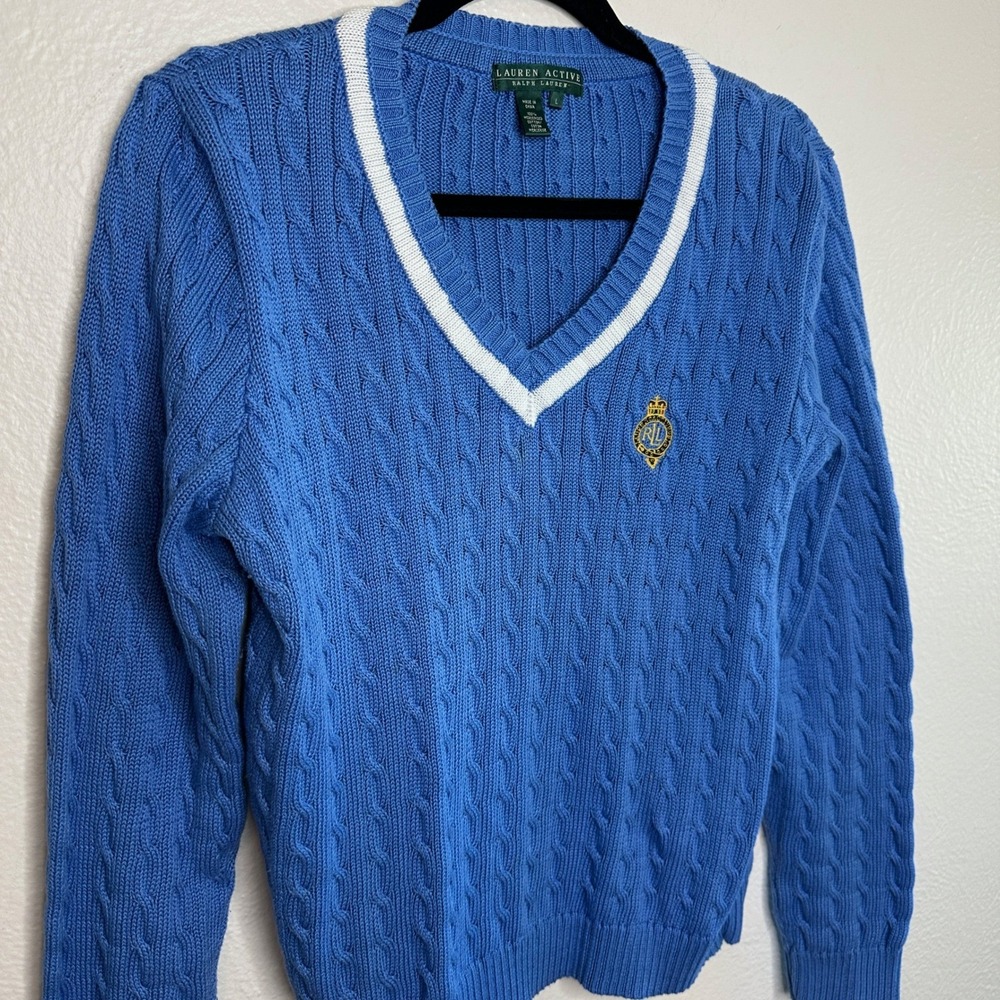 Vtg Ralph Lauren Active Blue Cable Knit V-Neck Crest Sweater Cotton Y2K Rugby L - Picture 7 of 9